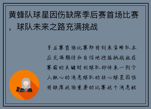 黄蜂队球星因伤缺席季后赛首场比赛，球队未来之路充满挑战
